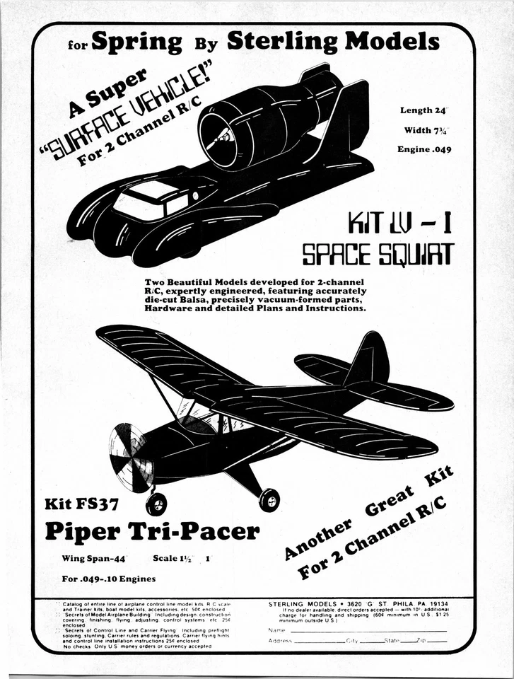 Piper Tri Pacer RC Airplane Vintage Print Ad Sterling Models Space Squirt - Image 1 of 1
