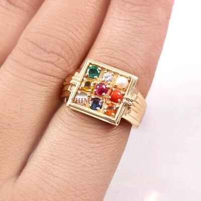 Natural Navaratna Gemstone with Gold Plated 925 Sterling Silver Men's Ring #884 - Image 1 of 4