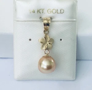 Small 14K Gold Hawaiian Plumeria Flower Genuine Golden South Sea Pearl Pendants - Picture 1 of 8