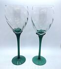 Handblown Art Glass Swirl Green Stem Tulip Shape Wine Glasses Set of 2 