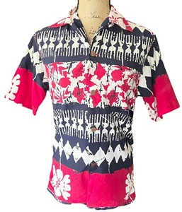 Camicia Alfred Shaheen’s of Honolulu Hawaii vintage anni ’50 Aloha uomo piccola patriottica - Foto 1 di 12