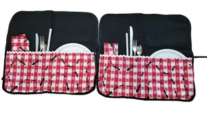 Handmade Fold Up Picnic Kit Red Gingham With Ants Silverware Plate Set Of Two - Picture 1 of 8