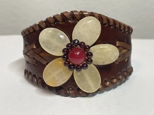 Leather Cuff Bracelet With Genuine Gemstones, Leather Bracelet - Picture 1 of 5