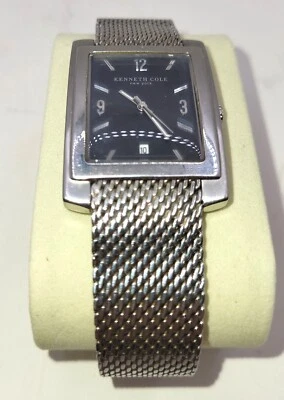 Kenneth Cole NY Tank Watch Men 30mm Silver Tone Black Dial Mesh Band New Battery - Image 1 of 4