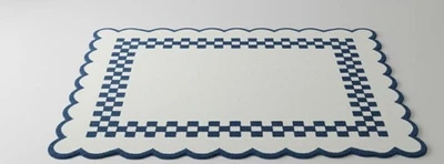 Tapis à bords festonnés en damier bleu - tapis touffeté doux fait à la main, - Photo 1/4