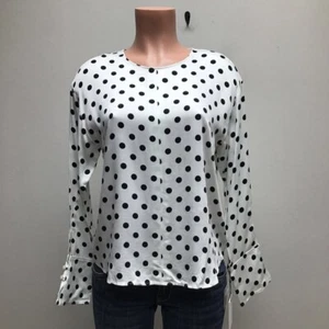 Something Navy Womens Blouse Ivory Polka Dot Long Sleeve Slit Round Neck S New - Picture 1 of 9