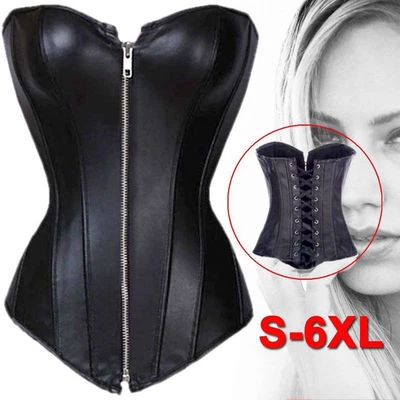 Corset Body Cincher Shaper Zipper Lace Up Leather Overbust Corset Trainer Waist - Image 1 of 4