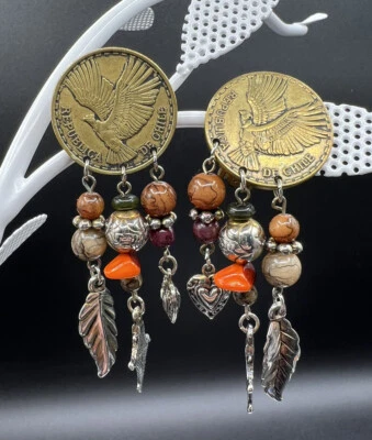 Artisan Made Chilean Coins, Stones, Silver Earrings, Pierced - Image 1 of 4