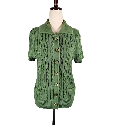 LL Bean Cardigan Sweater Large Cable Knit Short Sleeve Fisherman Button Up Green - Image 1 of 4