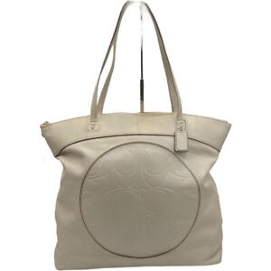 Coach Laura Ivory Signature Fabric Embossed Patent Leather Tote Shoulder Bag