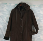 Hooded Natural Suede Full Long Coat with pleather trims and pockets, Brown sz.14