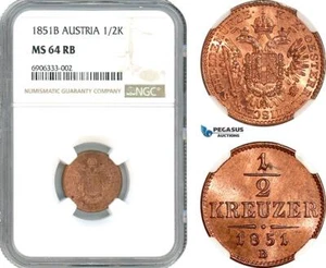AK220, Austria, Franz Joseph, 1/2 Kreuzer 1851 B, Kremnitz Mint, NGC MS64RB - Picture 1 of 1
