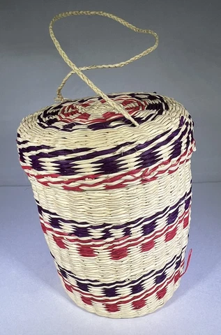 Mini Woven Coiled Grass Lidded Basket / Art Object /Handle Magenta & Purple Cover