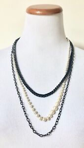 NEW J. Crew J.Crew Triple Strand Pearl Metal Chain Layered Necklace in Box