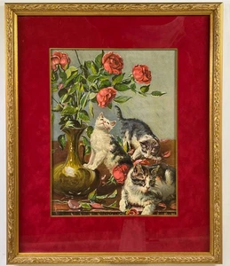 Gorgeous Chromolith print of 3 kittens, beautiful in a gold ornate frame - Picture 1 of 1