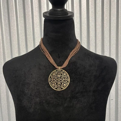 Винтажный VJ бронзовый филигранный медальон подвеска ожерелье мульти бусы шнур богемное - Изображение 1 из 4