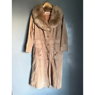 Vintage AVANTI Women's M/L Tan Suede Trench Coat Retro 70's Disco Faux Fur Neck - Image 1 of 4