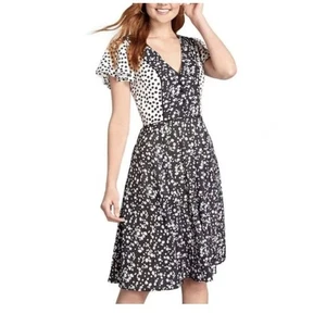ModCloth Fit & Flare Floral Polka Dot Dress Womens 10 Black Flirty Retro Casual - Picture 1 of 20