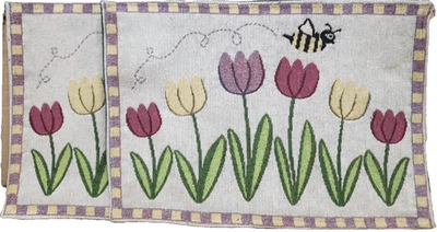 Set of 2 Same Tapestry Kitchen Placemats, 13"x19", COLORFUL FLOWERS & A BEE, WH - Image 1 of 4