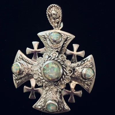 925 Sterling Silver Jerusalem Cross Pendant Synthetic Opal, Heavy  19.6 Grams - Image 1 of 4