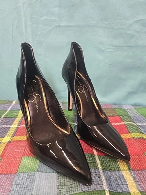 Sapato Feminino Jessica Simpson Salto Alto Tamanho 7.5 Preto Couro Patente Stiletto - Imagem 1 de 4