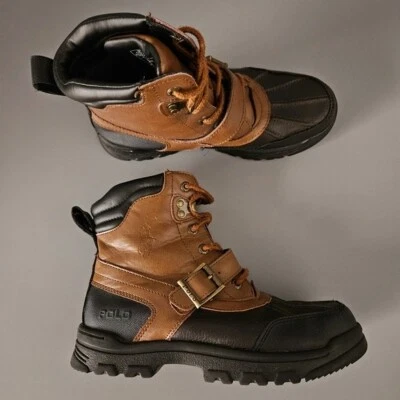 Polo Ralph Lauren Niños Niños Pato Botas Talla 4 Juveniles Marrón Negro Con Cordones Lluvia Otoño Foto 1 de 4