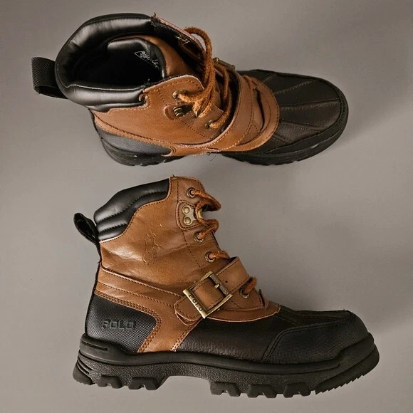Polo Ralph Lauren Kids Boys Duck Boots Sz 4 Youth Brown Black Lace Up Rain Fall - Image 1 of 4