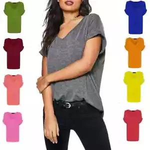 Women Oversized Baggy Loose Fit Turn up Batwing Sleeve Ladies V Neck Top T shirt - Picture 1 of 58