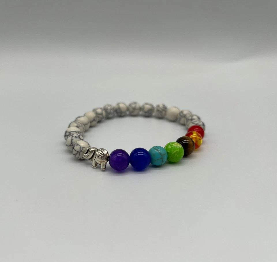 7 Chakra Reiki Healing Elephant Beaded Elastic Howlite Bracelet Natural Stone Foto 1 de 1