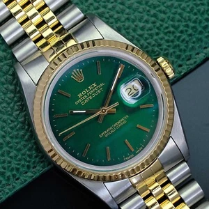 ROLEX MENS DATEJUST GREEN DIAL 18K YELLOW GOLD STAINLESS STEEL 36MM WATCH 16013 - Picture 1 of 21