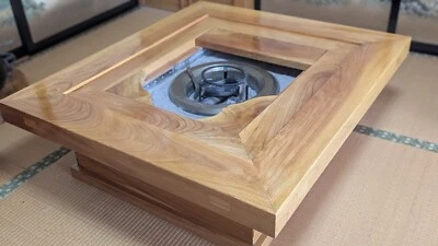 Handmade Japanese zelkova living table with hearth and lid cashew paint finish - Image 1 of 4