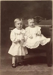 1870s Nebraska Photo Portrait 2 Fair Haired Brothers in White Childrens Dresses - Picture 1 of 7