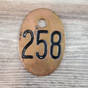Etiqueta lechera vintage COBRE vaca ganado número 258 DOBLE CARA forma ovalada - Imagen 1 de 5
