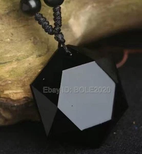 Natural Black Obsidian Carved Six Angle Star Faced Amulet Pendant Beads Necklace - Picture 1 of 5