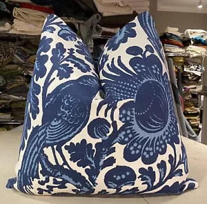 ONE SCALAMANDRE LIGHT DARK BLUE ON WHITE "RESIST PRINT" CUSTOM LINEN PILLOW - A - Picture 1 of 2