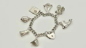 RARE VINTAGE HM STERLING SILVER 3D CHARM BRACELET AND CHARMS with HEART CLASP - Picture 1 of 19