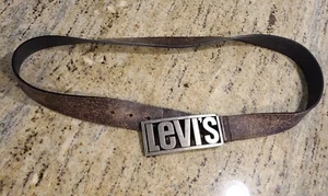 Vtg Silver Tone Levis Belt Buckle Spellout Letters Square Distressed Leather 41" - Picture 1 of 13