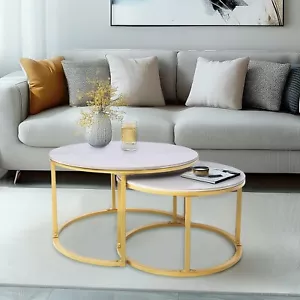Moderner Satz Couchtisch 2er Set weiß rund Holz gold Metall Beistelltische - Bild 1 von 14