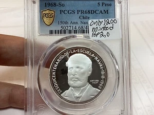 Chile 1968 5 Pesos PCGS Pf68 Dcam Navy Top Pop At PCGS -mintage 1200 - Picture 1 of 2