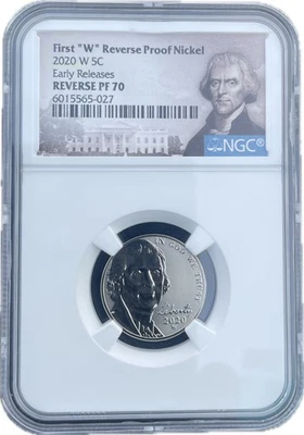 2020 W REVERSE PROOF JEFFERSON NICKEL NGC PF70 EARLY RELEASES PORTRAIT LABEL  - Image 1 of 2