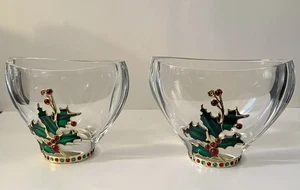 Set of Two Telaflora Bohemian 24% Lead Crystal Holly Berry Vase - Picture 1 of 11
