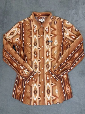 Wrangler Retro Western Shirt Mens Small Orange Aztec Pattern Pearlsnap Cowboy - Image 1 of 4