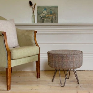 Harris Tweed Eriskay Herringbone Footstool with Steel Hairpin Legs - Picture 1 of 5