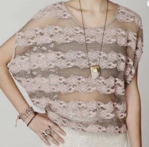 Free People Blouse Women XS Mesh Lace Banded Hem Dolman Sleeve Boho Hippie Pink - Picture 1 of 9
