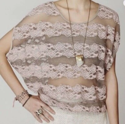 Free People Blouse Women XS Mesh Lace Banded Hem Dolman Sleeve Boho Hippie Pink - Image 1 of 4