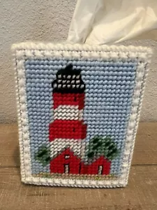 Handmade Needlepoint Plastic Canvas Tissue Box Cover Lighthouse Nautical Coastal - Picture 1 of 4