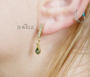 14K Gold  VS/F-G Diamond-Emerald May Birthstone Bar Dangle Earrings - Picture 1 of 6