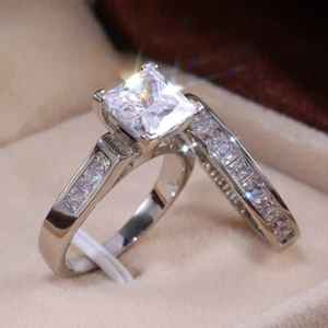 Juegos de anillos de plata 925 de corte princesa circonita talla 6-10 de plata 925 - Imagen 1 de 9