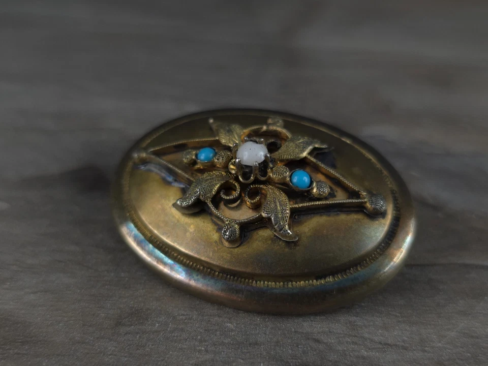 Brosche vergoldet Achat Türkis antik floral - nostalgisch schön & zeitlos  - Bild 1 von 4