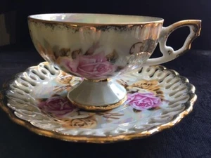 Vintage Royal Sealy Pink & Yellow Roses Pedestal Cup & Saucer Set - Picture 1 of 9